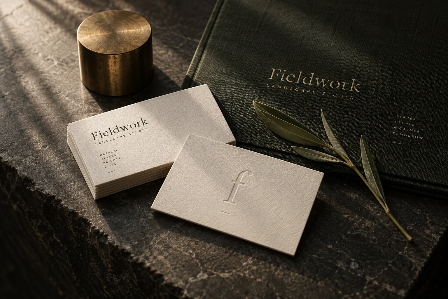 An original Fieldwork brand concept: embossed stationery, forest-green linen and brass on charcoal stone