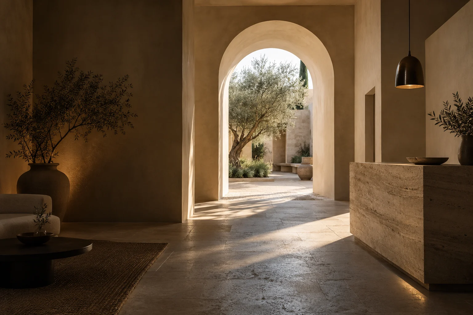 Original concept of a travertine reception and sunlit courtyard